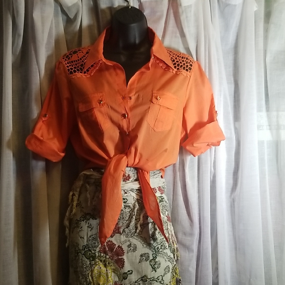 2FOR$15 -- Orange Button-Up cropped beach top with Lace Detail